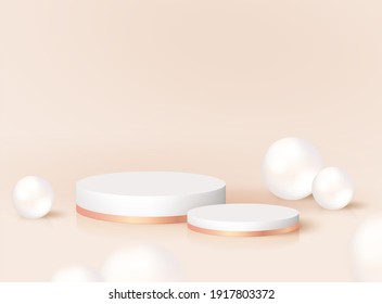 Minimal modern 3d realistic round podium with pearls. Vector pedestal platform for product cosmetic, fashion studio display. Nomination award stand mockup, scene render design. Geometric empty stage