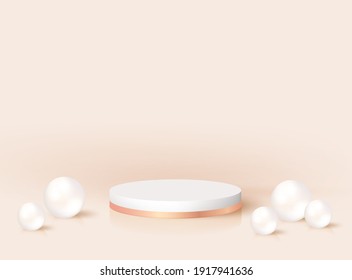 Mínimo y moderno pedestal redondo 3d realista con perlas. Modelación del premio de nominación, diseño de representación de escena. Plataforma vectorial de podio para cosmética de productos, visualización de estudio de moda. Estadio geométrico vacío