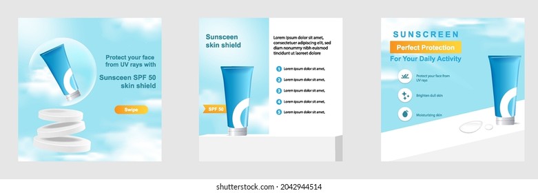 Minimal Modern Beauty Fashion Cosmetic Social Media Square Post Banner In Blue Color. For Product Knowledge, Display, Price Catalog Advice Template With Sky Cloud, Soap Bubble Sphere. Vector Design