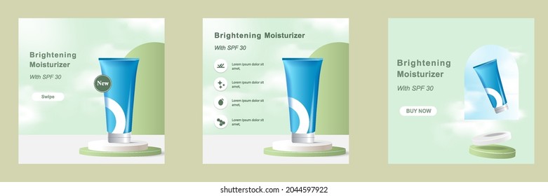 Minimal Modern Beauty Fashion Cosmetic Social Media Square Post Banner In Green Color. Suitable For Product Knowledge, Display, Price, Catalog Tips Template With Sky Cloud Elements. Vector Design
