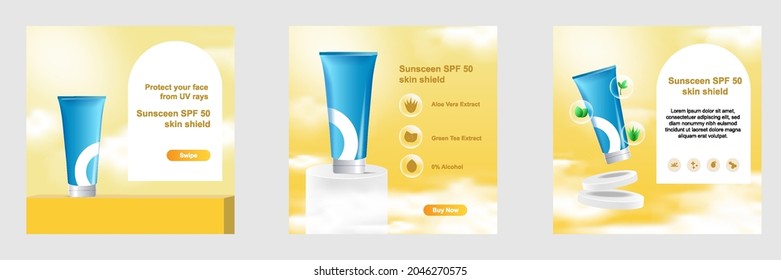 Minimal Modern Beauty Fashion Cosmetic Social Media Square Post Banner In Yellow Color. For Product Knowledge, Display, Price Catalog Advice Template With Sky Cloud, Soap Bubble Sphere.