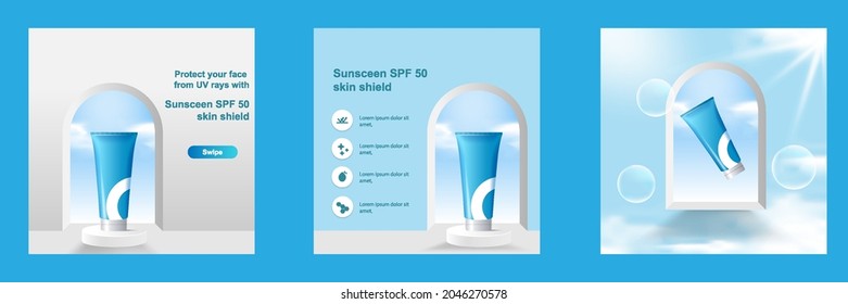 Minimal modern beauty fashion cosmetic social media square post banner in blue color. Suitable for product knowledge, display, price, catalog tips template with sky cloud elements. Vector design