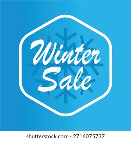 Una insignia azul minimalista y moderna con un icono de copo de nieve blanco y la tipografía "Venta de invierno". Este diseño de Vector abstracto utiliza Formas geométricas y un gradiente suave para crear un elemento promocional profesional para el marketing de vacaciones de temporada.