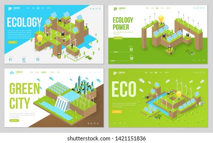 Minimal modern concept of alternative ecology energy source. Set of design web site, landing page or presentation template. Isometric vector illustration.