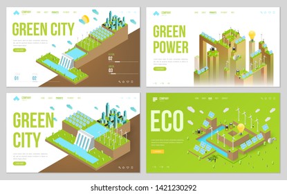 Minimal modern concept of alternative ecology energy source. Set of design web site, landing page or presentation template. Isometric vector illustration.