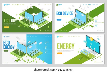 Minimal modern concept of alternative ecology energy source. Set of design web site, landing page or presentation template. Isometric vector illustration.