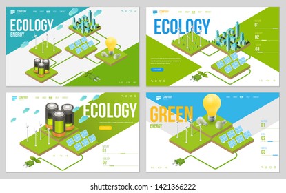Minimal modern concept of alternative ecology energy source. Set of design web site, landing page or presentation template. Isometric vector illustration.