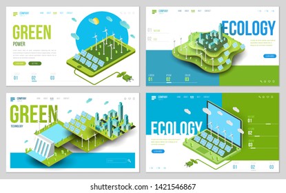 Minimal modern concept of alternative ecology energy source. Set of design web site, landing page or presentation template. Isometric vector illustration.
