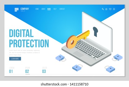 Minimal modern concept of data protection or digital online security. Design web site, landing page or presentation template. Isometric vector illustration.