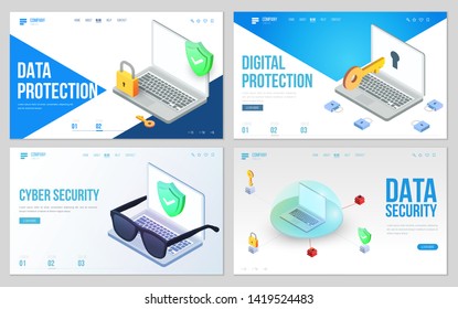 Minimal modern concept of data protection or digital online security. Set of design web site, landing page or presentation template. Isometric vector illustration.