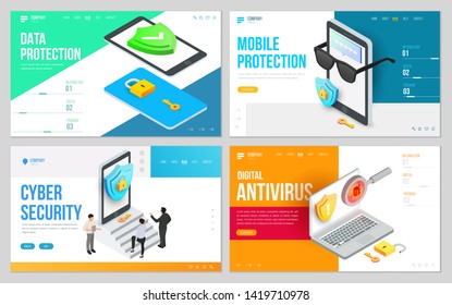 Minimal modern concept of data protection or digital online security. Set of design web site, landing page or presentation template. Isometric vector illustration.