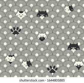 Minimal modern cute seamless pattern design vector illustration of cat face. Fabric seamless pattern design. Minimal modern cat face among wave pattern in Japanese 