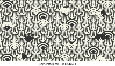 Minimal modern cute seamless pattern design vector illustration of cat face. Fabric seamless pattern design. Minimal modern cat face among wave pattern in Japanese 