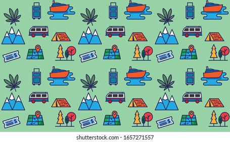 Minimal modern cute seamless pattern design vector illustration of traveling icons. Fabric seamless pattern design. Minimal modern traveling(mountain,ship,van,tree) in pattern design - Powered by Shutterstock - Get 15% off with code: PIKWIZARD15