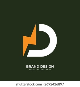 Minimal modern D lightning logo design symbolizing power, energy, and innovation for branding identity.