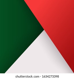 Minimal modern design, background with triangles layers red, green, white. Simple abstract texture, colored template