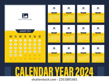 Minimal, modern and elegant style monthly calendar template for 2024 year. Week starts on Monday.
