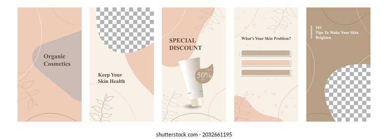 Minimal modern fashion and beauty social media story or stories banner collection kit in pink color. Including sale, photo isolated product display, tips template layout design with botanical leaf. - Shutterstock ID 2032661195