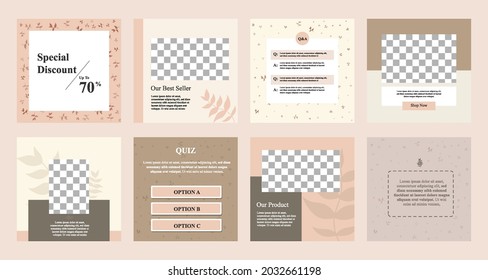 Minimal modern fashion and beauty social media post banner collection kit in pink color. Including sale, photo isolated product display, tips template layout design with botanical leaf elements