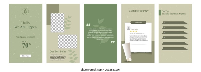 Minimal modern fashion and beauty social media story or stories banner collection kit in green color. Including sale, photo isolated product display, tips template layout design with botanical leaf.