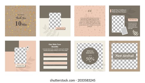 Minimal modern fashion and beauty social media post banner collection kit in pink color. Including sale, photo isolated product display, tips template layout design with botanical leaf elements