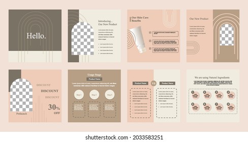 Minimal modern fashion and beauty social media post banner collection kit in pink color. Including sale, photo isolated product display, tips template layout design with botanical leaf elements