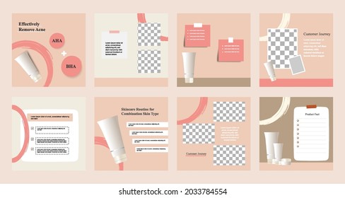 Minimal modern fashion and beauty social media post banner collection kit in pink color. Including sale, photo isolated product display, tips template layout design with botanical leaf elements