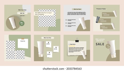 Minimal modern fashion and beauty social media post banner collection kit in green color. Including sale, photo isolated product display, tips template layout design with botanical leaf elements