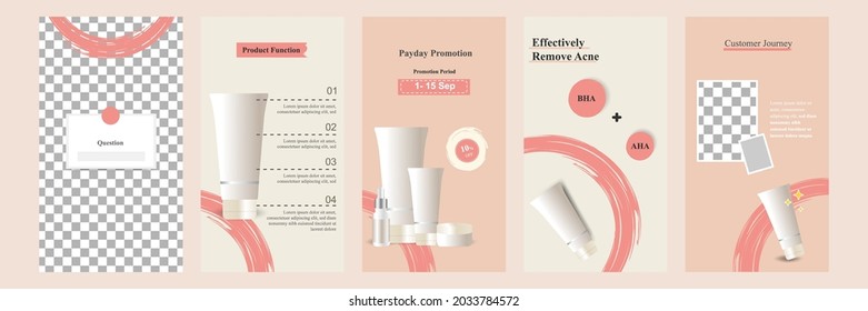 Minimal Modern Fashion And Beauty Social Media Story Or Stories Banner Collection Kit In Pink Color. Including Sale, Product Display, Tips Template Layout Design With Brush Line Elements. Vector