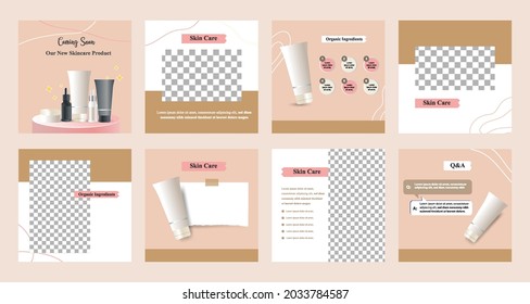 Minimal modern fashion and beauty social media post banner collection kit in pink color. Including sale, photo isolated product display platform, tips template design with botanical leaf elements. EPS