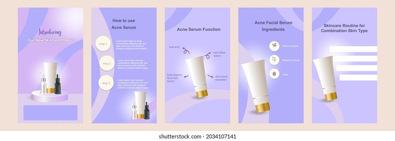 Minimal modern fashion and beauty social media story or stories banner collection kit in purple color. Including sale, product display platform pedestals, tips template design with bokeh background.