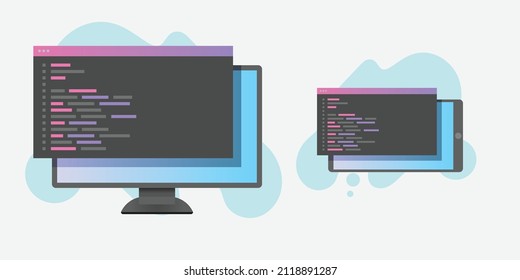 Minimale und moderne flache Vektorgrafik der Programmierung mit Desktop-Computer und Android-Tablet mit dunklem Theme-Codierung