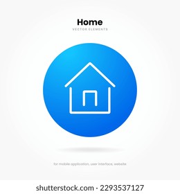 Mínimo hogar moderno, página de inicio, base, página principal, símbolo emblema del icono del botón de pulsación de la casa, signo. Icono de hogar azul 3d. Iconos de aplicaciones móviles. Mockup UX de interfaz de usuario de dispositivo. Elementos vectoriales aislados.