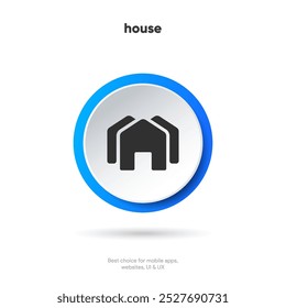 Minimal modern home, homepage, base, main page, house push button icon emblem symbol, sign. 3d blue home icon. Mobile app icons. Device UI UX mockup. Isolated vector elements.
