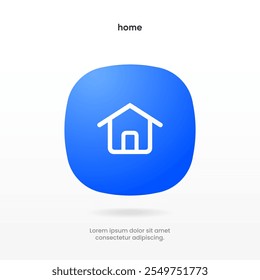 Minimal modern home, homepage, base, main page, house push button icon emblem symbol, sign. 3d blue home icon. Mobile app icons. Device UI UX mockup. Isolated vector elements.