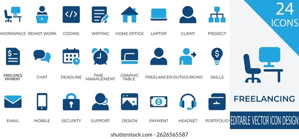Conjunto de iconos minimalista y moderno para temas de trabajo independiente y remoto. Incluye clientes, plazos, tabletas gráficas, computadoras portátiles y administración de proyectos. Ideal para Sitios web profesionales y herramientas de productividad.