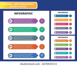 A minimal and modern infographic template with five colorful steps. This vector is perfect for business presentations, reports, and timelines. It's a clean and professional design.