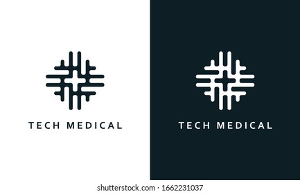 Minimal Modern Line Art Tech Medical Logo. You Can Find Medical Plus Sign In The Negative Space.