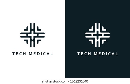 Minimal modern line art tech medical logo. You can find medical plus sign in the negative space.