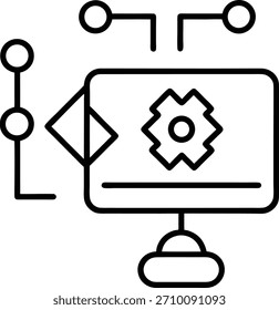 Un icono de arte lineal moderno mínimo de un monitor de computadora que muestra un símbolo de engranaje que representa la configuración del sistema de desarrollo de software y la automatización tecnológica. 