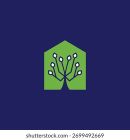 Ein minimalistisches und modernes Logo-Design mit einem stilisierten geometrischen Baum, der in Form eines Hauses wächst und Innovation, Technologie und Umweltverantwortung symbolisiert.