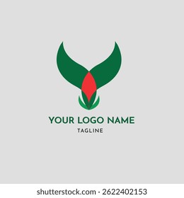 A minimal and modern logo featuring two green leaves forming a flame-like shape with a red central element, symbolizing growth, nature, and energy. Perfect for eco-friendly, agricultural.