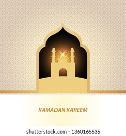 Minimal modern luxury Ramadan Kareem greeting post card and template banner design with mosque silhouette and pattern in white and gold color with shiny light. Vector Illustration.