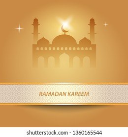 Minimal modern luxury Ramadan Kareem greeting post card and template banner design with mosque silhouette and pattern in white and gold color with shiny light. Vector Illustration.
