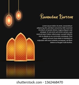 Minimal modern luxury Ramadan Kareem greeting post card and template banner design with mosque silhouette and pattern in black and gold color with shiny light. Vector Illustration.