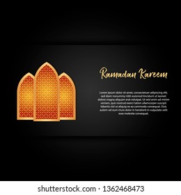 Minimal modern luxury Ramadan Kareem greeting post card and template banner design with mosque silhouette and pattern in black and gold color with shiny light. Vector Illustration.