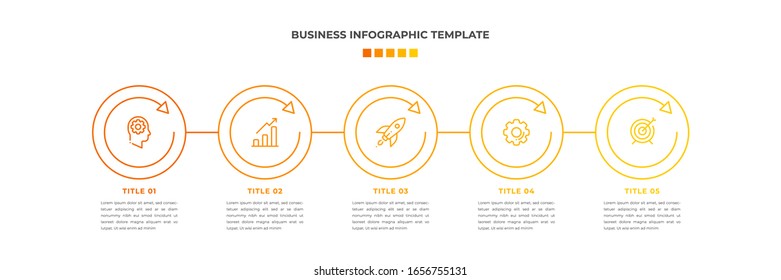 Minimal Modern Minimalist Business Infographics template with circle shape. 5 steps / option timeline with icons. For presentation, process, diagram, workflow, chart. Vector with orange, yellow, white