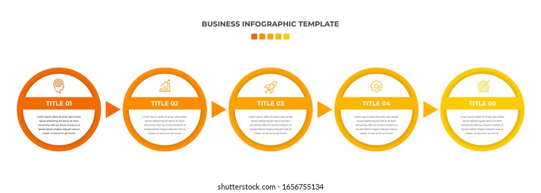 Minimal Modern Minimalist Business Infographics template with circle shape. 5 steps / option timeline with icons. For presentation, process, diagram, workflow, chart. Vector with orange, yellow, white
