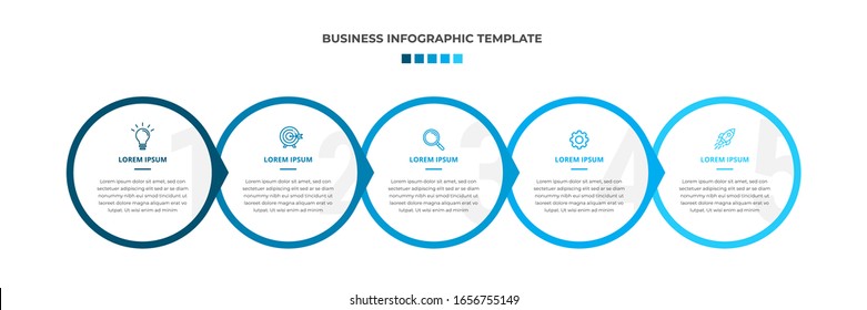 Minimal Modern Minimalist Business Infographics template with circle shape. 5 steps / option timeline with icons. For presentation, process, diagram, workflow, chart. Vector with blue, white color 