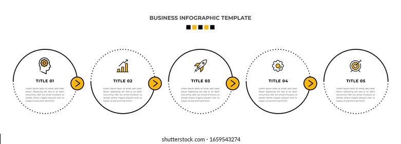 Minimal Modern Minimalist Business Infographics template with circle shape. 5 steps / option timeline with icons. For presentation, process, diagram, workflow, chart. Vector with orange, black